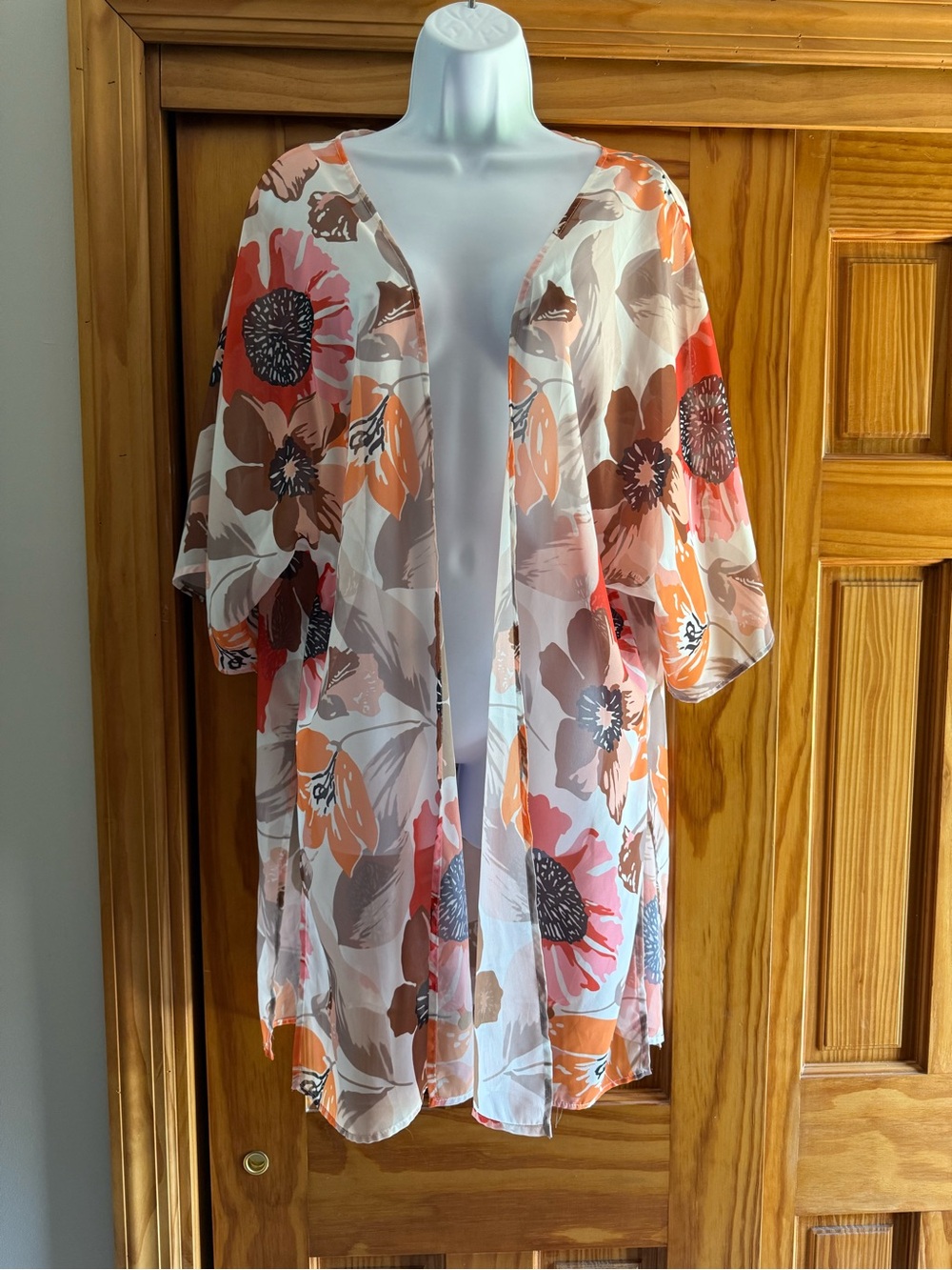 Floral Sheer Kimono Cover-Up in Coral, Peach & Brown